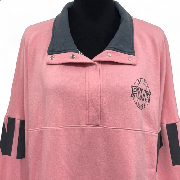 PINK Victoria’s Secret 1/4 Snap Logo Sweatshirt Size L Blush Pink Oversized - Picture 2 of 13